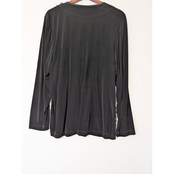 Chico's Cardigan Black Gold Metallic Slinky Ruffle Tiered Size 3 Long Sleeves - Picture 3 of 7